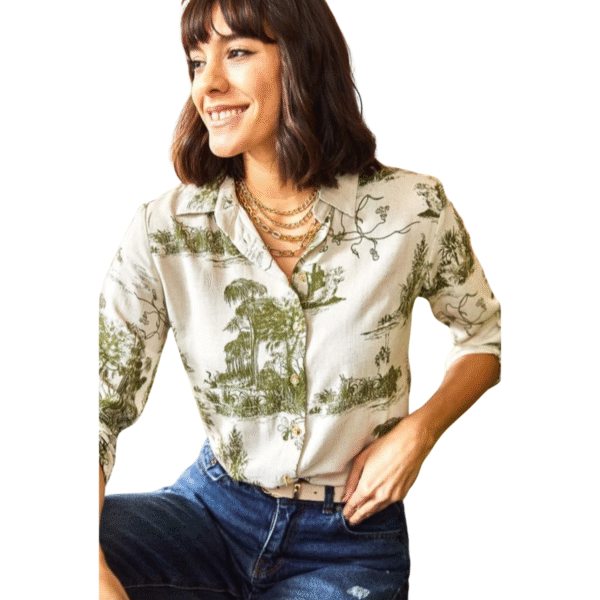 Cassime Women's Nostalgic Forest Green Patterned Viscose Shirt Buttoned